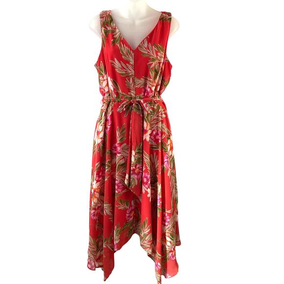 Eliza J Tropical Floral Handkerchief‎ Dress Size 12 Orange Fairy Wedding Guest - Picture 1 of 13